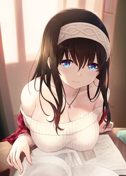 Anime picture 2535x3543 with idolmaster idolmaster cinderella girls sagisawa fumika cait single long hair tall image looking at viewer fringe highres breasts blue eyes light erotic hair between eyes brown hair large breasts bare shoulders cleavage light smile off shoulder