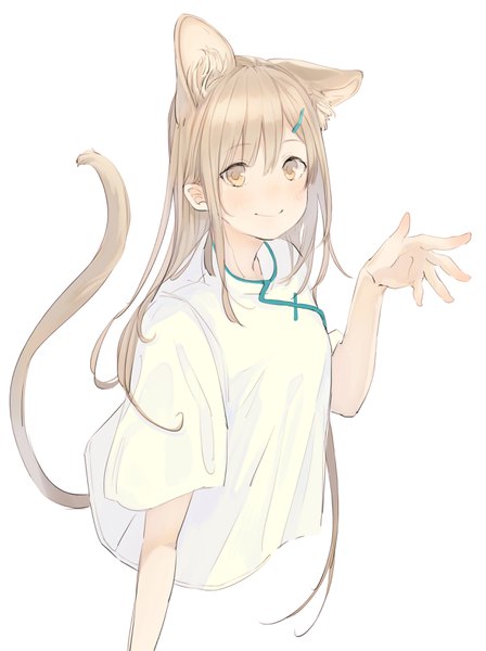 Anime picture 2480x3322 with original ikoan single long hair tall image looking at viewer blush fringe highres simple background blonde hair smile hair between eyes white background animal ears yellow eyes upper body tail animal tail wide sleeves