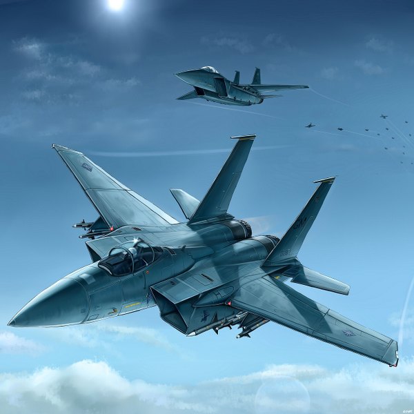 Anime picture 1250x1250 with kcme sky cloud (clouds) flying pilot weapon sun airplane jet f-15