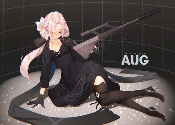 Anime picture 1205x864 with girls frontline steyr aug (girls frontline) ktbm r18 single long hair looking at viewer fringe yellow eyes pink hair full body hair flower hair over one eye arm support high heels low ponytail girl dress gloves flower (flowers) weapon