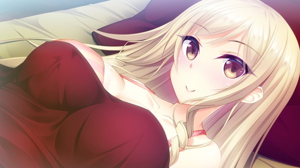 Anime picture 1024x576 with gakuen butou no folklore oki tsubomi single long hair looking at viewer breasts light erotic blonde hair smile wide image brown eyes game cg lying girl lingerie bra