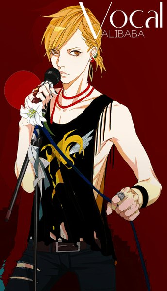 Anime picture 700x1221 with magi the labyrinth of magic a-1 pictures ali baba saluja cp .ieng single tall image short hair blonde hair brown eyes yellow eyes looking away alternate costume sleeveless torn clothes dark background alternate hairstyle red background casual music boy