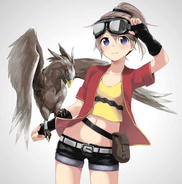 Anime picture 1188x1200 with original koppeosechi long hair tall image looking at viewer blush blue eyes simple background smile brown hair standing ponytail grey background bare belly groin goggles on head bird on hand girl gloves navel