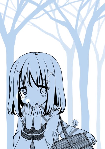 Anime picture 626x885 with original oumi neneha single tall image looking at viewer blush fringe short hair outdoors monochrome bare tree girl uniform plant (plants) school uniform tree (trees) hairclip scarf x hair ornament school bag