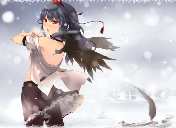 Anime picture 1260x915 with touhou shameimaru aya shin (new) blush short hair open mouth black hair red eyes open clothes open shirt snowing winter exhalation girl skirt hat miniskirt wings feather (feathers)