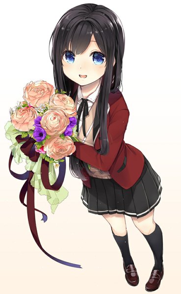 Anime picture 600x975 with original ao no neko single long hair tall image looking at viewer blush fringe open mouth blue eyes black hair simple background smile white background holding pleated skirt from above pink background girl skirt
