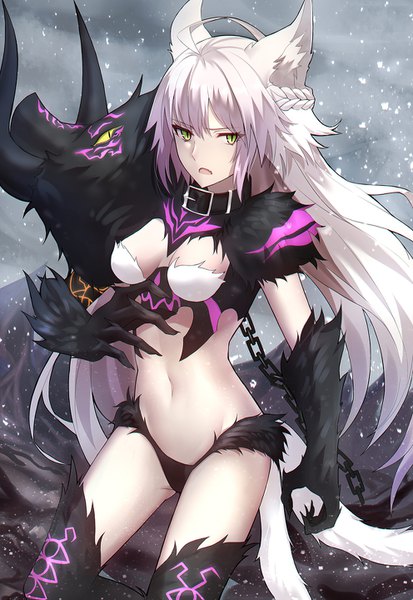 Anime picture 992x1440 with fate (series) fate/grand order atalanta (fate) atalanta (alter) (fate) shiguru single long hair tall image looking at viewer fringe breasts light erotic hair between eyes standing green eyes animal ears cleavage silver hair ahoge outdoors