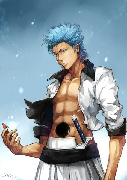 Anime picture 1000x1414 with bleach studio pierrot grimmjow jeagerjaques linjie single tall image fringe short hair aqua hair open clothes snowing winter muscle espada boy weapon sword katana mask