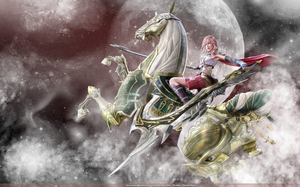 Anime picture 1920x1200 with final fantasy final fantasy xiii square enix lightning farron odin (final fantasy) highres wide image realistic weapon moon horse