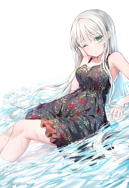 Anime picture 700x1016 with original roang single tall image looking at viewer blush fringe breasts simple background white background green eyes signed cleavage silver hair blunt bangs very long hair one eye closed arm support wet sleeveless