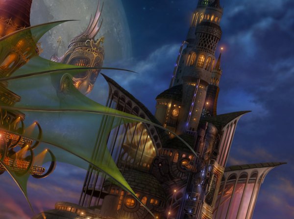 Anime picture 1383x1034 with original ucchiey city fantasy moon castle aircraft airship