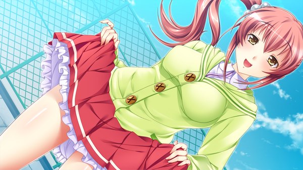 Anime picture 1024x576 with papa love 2kenme long hair blush open mouth wide image yellow eyes game cg ponytail red hair side ponytail girl skirt uniform school uniform miniskirt