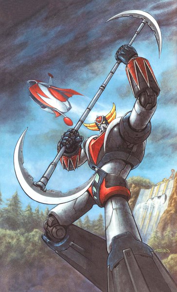 Anime picture 2000x3290 with ufo robo grendizer grendizer tagme (artist) tall image looking at viewer highres standing holding sky cloud (clouds) horn (horns) no people fighting stance weapon plant (plants) tree (trees) water building (buildings) huge weapon mecha