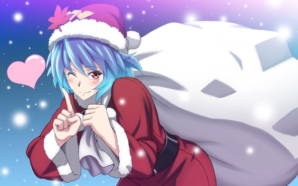 Anime picture 1920x1200 with touhou yasaka kanako h-new single looking at viewer blush highres short hair smile red eyes blue hair one eye closed wink wallpaper fur trim snowing christmas snow girl hat