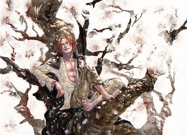 Anime picture 2069x1500 with one piece toei animation shanks kusaco (artist) highres short hair sitting red hair barefoot black eyes open clothes open shirt cherry blossoms scar boy petals