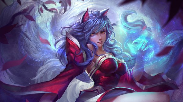 Anime-Bild 1980x1114 mit league of legends ahri (league of legends) x.four single long hair looking at viewer highres wide image animal ears yellow eyes blue hair magic glowing girl dress detached sleeves