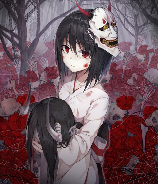 Anime picture 1000x1164 with original huwari (dnwls3010) single tall image looking at viewer fringe short hair black hair hair between eyes red eyes holding long sleeves traditional clothes japanese clothes horn (horns) pointy ears expressionless oni horns blood on face mask on head