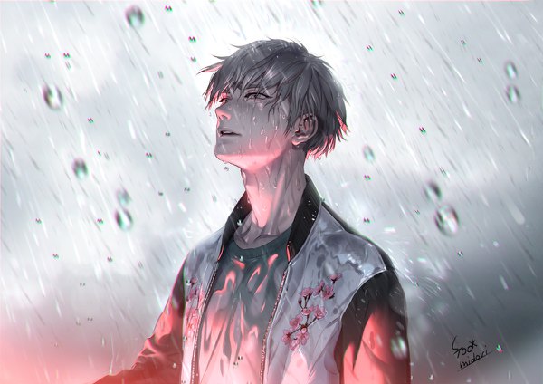 Anime picture 1200x848 with original midori foo single fringe short hair hair between eyes signed looking away upper body parted lips grey hair open jacket wet grey eyes floral print rain boy jacket sukajan