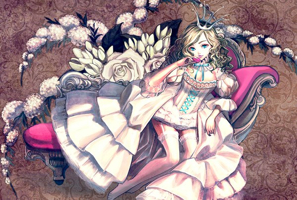 Anime picture 1036x700 with original ri-ko (artist) single long hair looking at viewer breasts blue eyes blonde hair large breasts sitting no shoes puffy sleeves floral print wavy hair girl thighhighs dress flower (flowers) white thighhighs food