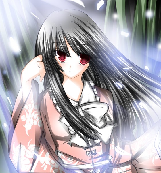 Anime picture 1400x1500 with touhou houraisan kaguya tabuchisan single long hair tall image black hair red eyes girl bow plant (plants) bamboo