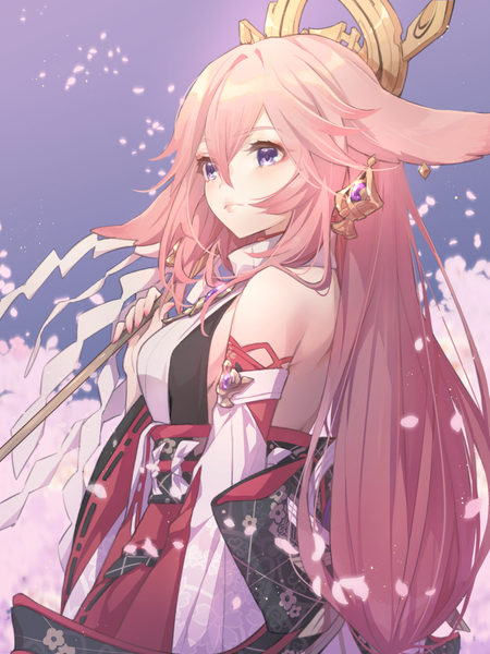 Anime picture 1000x1333 with genshin impact yae miko yoco n02 single long hair tall image fringe hair between eyes purple eyes animal ears looking away pink hair traditional clothes japanese clothes fox ears nontraditional miko girl detached sleeves petals gohei
