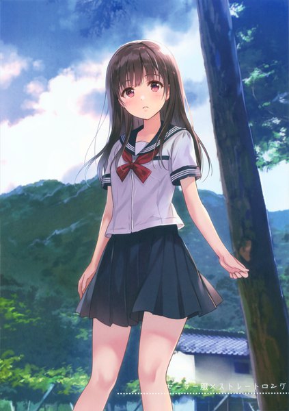 Anime picture 2135x3029 with original fukahire (ruinon) single long hair tall image looking at viewer blush fringe highres black hair red eyes sky cloud (clouds) blunt bangs girl skirt uniform plant (plants) tree (trees) serafuku