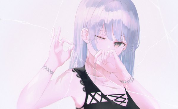 Anime picture 5728x3511 with original neiless neiro single long hair looking at viewer fringe highres simple background wide image absurdres silver hair upper body one eye closed arms up grey eyes covered mouth anaglyph holding hair crack girl