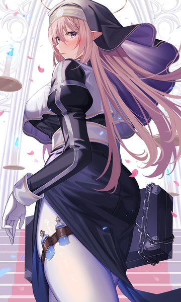 Anime picture 2000x3333 with original amahara subaru single long hair tall image looking at viewer blush fringe highres breasts open mouth light erotic hair between eyes large breasts standing purple eyes holding payot pink hair ass