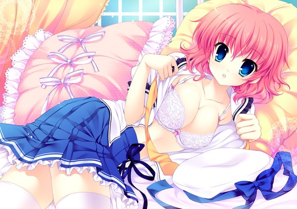 Anime picture 4252x2991 with yuyukana himezono risa mitha highres short hair breasts blue eyes light erotic pink hair absurdres lying open clothes open shirt girl skirt uniform bow school uniform miniskirt lingerie