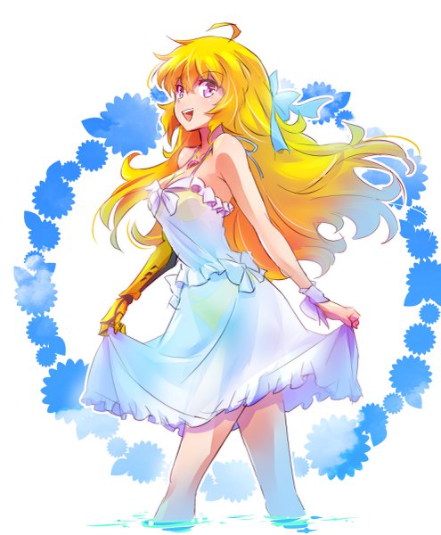 Anime picture 1982x2400 with rwby rooster teeth yang xiao long iesupa single long hair tall image looking at viewer highres breasts open mouth blonde hair smile large breasts white background purple eyes bare shoulders ahoge :d wavy hair