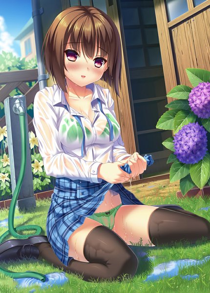 Anime picture 716x1000 with original tonchan single tall image looking at viewer blush fringe short hair breasts open mouth light erotic brown hair sitting sky pink eyes sunlight wet pantyshot embarrassed wariza