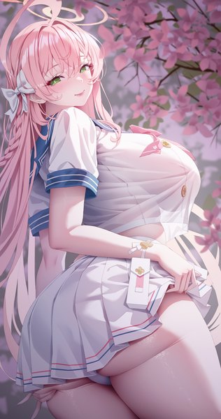 Anime picture 2160x4096 with blue archive hanako (blue archive) rhasta single long hair tall image looking at viewer blush fringe highres breasts light erotic smile hair between eyes standing green eyes pink hair ahoge outdoors braid (braids)