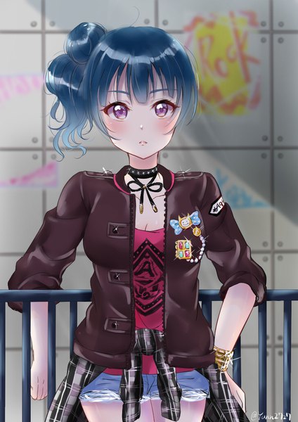 Anime picture 729x1032 with love live! sunshine!! sunrise (studio) love live! tsushima yoshiko neruneuko122 single tall image looking at viewer blush fringe short hair standing purple eyes signed payot blue hair ahoge blunt bangs parted lips open jacket