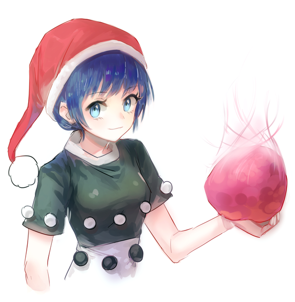 Anime picture 1024x1049 with touhou doremy sweet keemoringo single tall image fringe short hair blue eyes simple background white background holding blue hair light smile from above girl dress hat santa claus hat