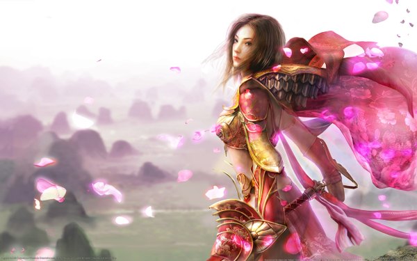 Anime picture 2560x1600 with legend of mir long hair highres brown hair wide image brown eyes looking back lips realistic wallpaper girl ribbon (ribbons) weapon petals sword armor