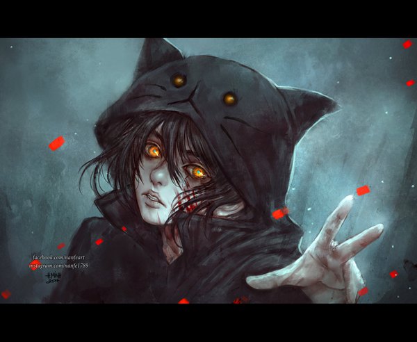 Anime picture 1400x1150 with original nanfe single looking at viewer fringe short hair black hair simple background hair between eyes signed yellow eyes upper body grey background glowing watermark letterboxed glowing eye (eyes) outstretched hand clenched teeth blood on face