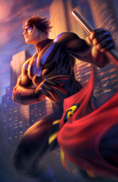 Anime picture 1326x2038 with batman dc comics nightwing warrenlouw single tall image short hair black hair smile holding signed looking away sky cloud (clouds) bent knee (knees) outdoors realistic from below city cityscape