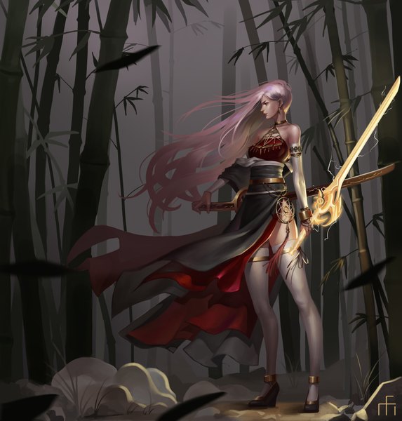 Anime picture 3758x3938 with dungeon and fighter female slayer (dungeon and fighter) midfinger22 single tall image highres red eyes bare shoulders holding looking away pink hair absurdres very long hair profile lips side slit dual wielding fog glowing weapon bamboo forest