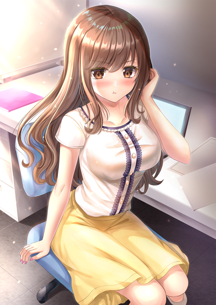 Anime picture 850x1200 with original toshi (1-147) single long hair tall image looking at viewer blush fringe breasts hair between eyes brown hair large breasts sitting brown eyes payot indoors nail polish arm up fingernails sunlight