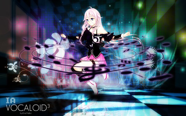 Anime picture 1280x800 with vocaloid ia (vocaloid) single long hair looking at viewer blue eyes blonde hair wide image bare shoulders ahoge braid (braids) twin braids girl thighhighs skirt flower (flowers) black thighhighs boots collar pink skirt