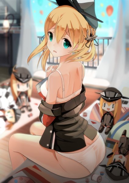 Anime picture 900x1275 with kantai collection bismarck battleship prinz eugen (kantai collection) nasubi (fian0202) tall image looking at viewer blush fringe short hair open mouth light erotic blonde hair sitting green eyes bent knee (knees) head tilt looking back wind from behind sideboob