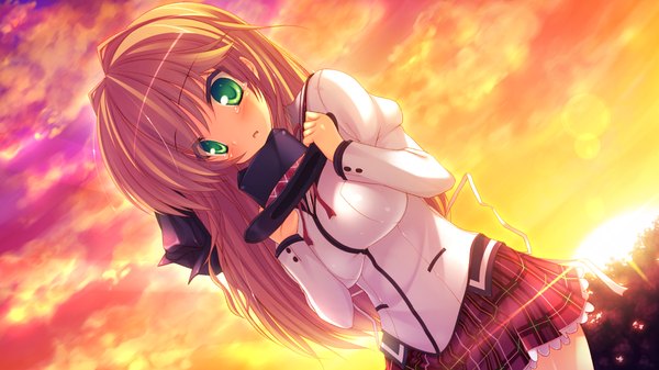 Anime picture 1280x720 with amatarasu riddle star hatta madori long hair blush breasts blonde hair wide image large breasts green eyes game cg sky cloud (clouds) evening sunset girl uniform school uniform hat