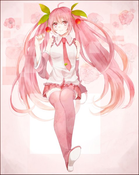 Anime picture 1242x1561 with vocaloid hatsune miku sakura miku natsumi foooo single long hair tall image blush simple background twintails bare shoulders pink hair ahoge pleated skirt pink eyes light smile pink background girl detached sleeves necktie