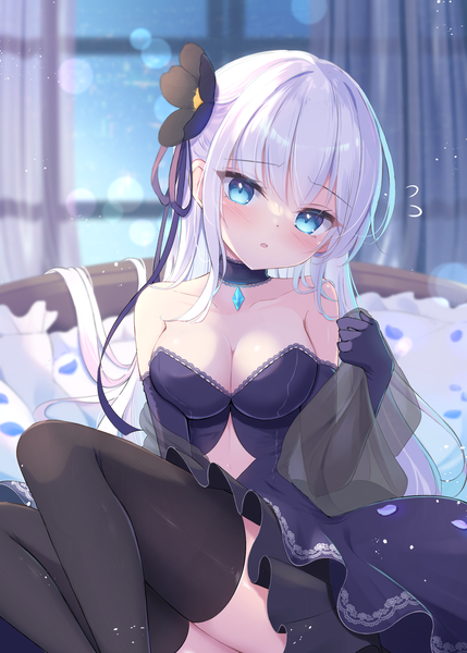 Anime picture 1296x1812 with original mikaze oto single long hair tall image looking at viewer blush breasts blue eyes light erotic cleavage silver hair head tilt hair flower lens flare girl thighhighs dress gloves flower (flowers)