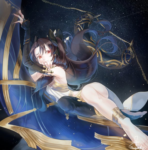 Anime picture 1674x1700 with fate (series) fate/grand order toosaka rin ishtar (fate) mizutamari tori single long hair tall image looking at viewer fringe breasts light erotic red eyes brown hair signed sky lying two side up legs floating hair