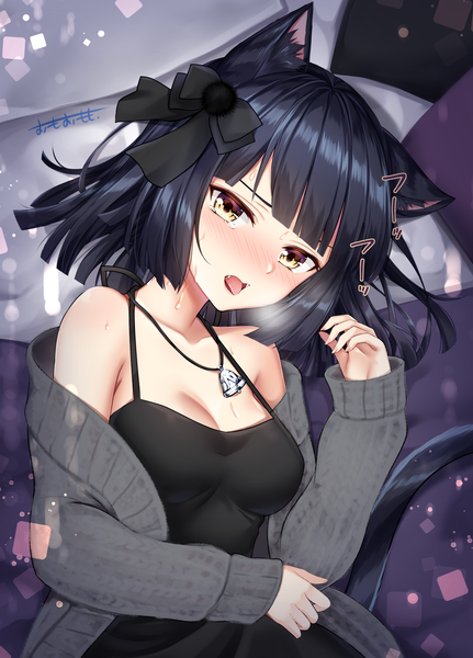 Anime picture 1280x1780 with original omoomomo single tall image looking at viewer blush fringe short hair breasts open mouth black hair bare shoulders signed animal ears yellow eyes cleavage upper body tail blunt bangs head tilt