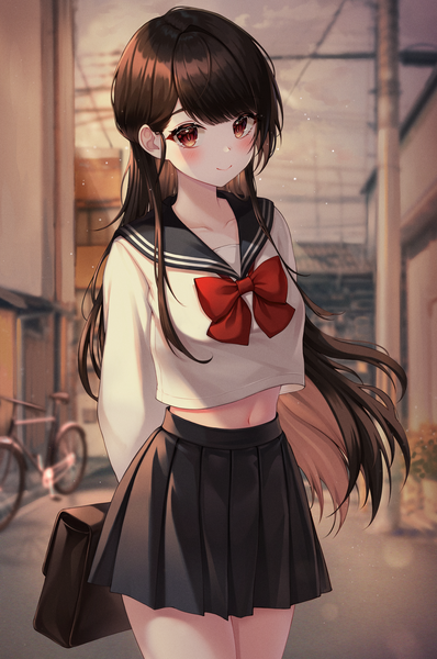 Anime picture 3320x5000 with original kuca (ku ca18) single long hair tall image looking at viewer blush fringe highres red eyes brown hair absurdres outdoors blunt bangs pleated skirt wind blurry midriff depth of field hands behind back