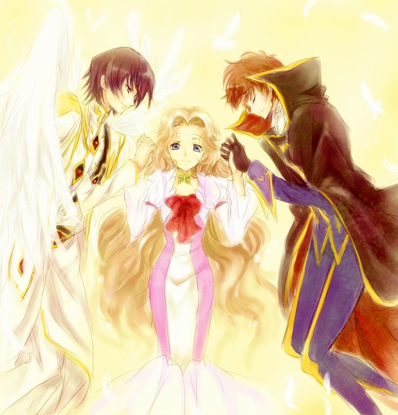 Anime picture 1000x1044 with code geass sunrise (studio) lelouch lamperouge kururugi suzaku nunnally lamperouge maruki (punchiki) long hair tall image looking at viewer short hair blue eyes black hair blonde hair smile brown hair purple eyes eyes closed holding hands angel wings girl