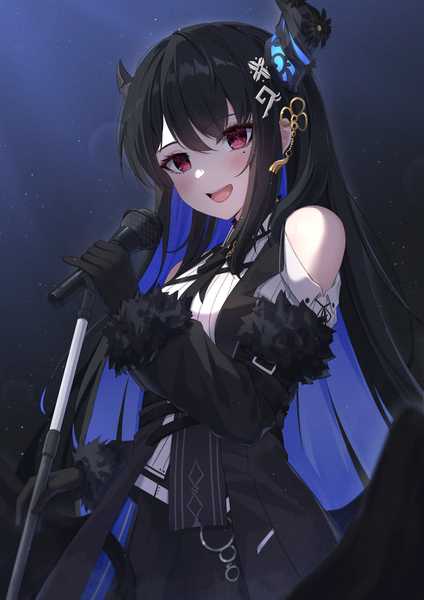 Anime picture 877x1240 with virtual youtuber hololive hololive english nerissa ravencroft nerissa ravencroft (1st costume) ardenlolo single long hair tall image blush fringe open mouth black hair simple background hair between eyes red eyes bare shoulders :d multicolored hair horn (horns)