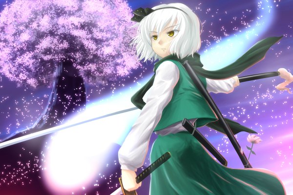 Anime picture 1280x854 with touhou konpaku youmu myon iwako short hair yellow eyes white hair cherry blossoms magic girl dress skirt weapon plant (plants) sword tree (trees) hairband katana skirt set